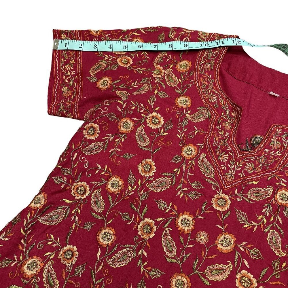 Indian Red Floral Embroidered Short Sleeve Kurta Dress and Pants 2 Piece Set - Picture 5 of 16